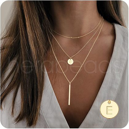 3Pcs Simple Style Brass Coin Letter Rectangle Pendant 3 Layer Necklaces FS-WG4BDA4-05-1