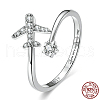 Airplane & Flower Rhodium Plated 925 Sterling Silver Micro Pave Clear Cubic Zirconia Cuff Rings for Women FS-WGB9FE4-05-2