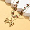 304 Stainless Steel Red and Green Enamel Cherry Bowknot Pendant Double Layered  Necklaces for Women NJEW-B129-01G-3