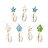 7Pcs 7 Styles Natural Cowrie Shell & Starfish Turtle Dyed Synthetic Turquoise Pendants PALLOY-JF03935-02-1