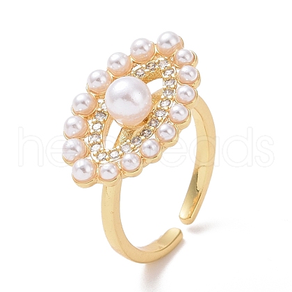 Clear Cubic Zirconia Horse Eye Open Cuff Ring with Acrylic Pearl Beaded RJEW-P032-13G-1