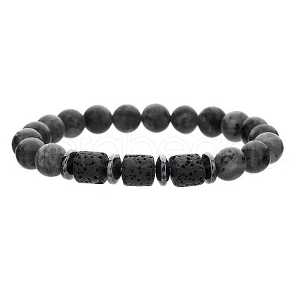 Round Natural Larvikite & Colunm Lava Rock & Synthetic Non-magnetic Hematite Stretch Beaded Bracelet for Women Men OR8380-3-1