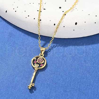 Brass Micro Pave Cubic Zirconia Heart Key Pendant Necklaces for Women NJEW-R027-03G-02-1