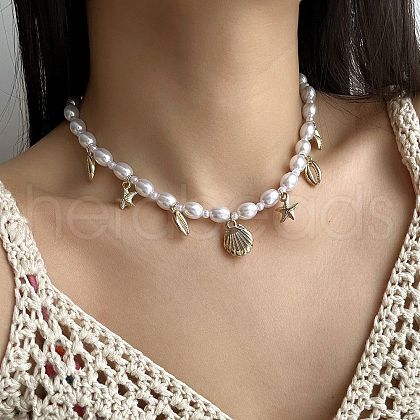Summer Beach Alloy Shell Shaped Starfish Tassel Plastic Imitation Pearl Beaded Necklaces for Women FS-WGF3BD7-02-1