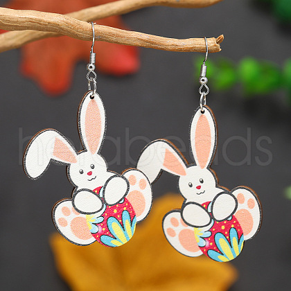 Cute Easter Bunny Rabbit Wooden Dangle Earrings IH8220-2-1
