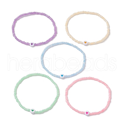 5Pcs 5 Colors Heart Acrylic & Glass Seed Beaded Stretch Bracelet Sets BJEW-JB10476-1