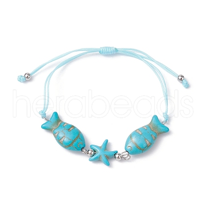 Fish & Starfish Synthetic Turquoise Braided Bead Bracelets BJEW-JB09820-1