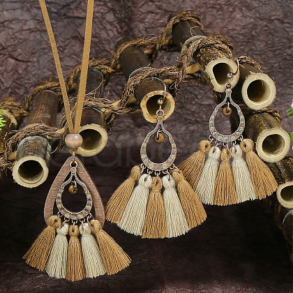 Alloy & Wood Tassel Pendant Necklace & Dangle Earring FS-WGEEC72-02-1