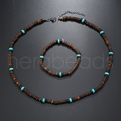 Bohemian Style Coconut Shell with Synthetic Turquoise Rondelle Beaded Necklaces & Bracelets Sets FS-WG8D889-05-1