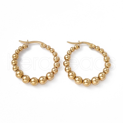 201 Stainless Steel Round Beaded Hoop Earrings with 304 Stainless Steel Pins for Women EJEW-B016-14B-G-1