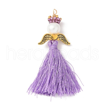 Glass Pearl Round Beaded with Polycotton Tassel Big Pendants PALLOY-MZ00611-04-1