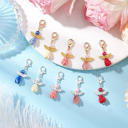 10Pcs Glass Pearl & Resin Flower Rose Angel Pendant Decorations HJEW-JM03121-1