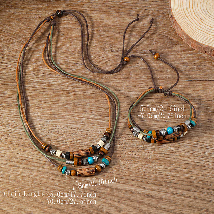 Wood & Alloy & Wax Cord Beaded Necklace & Braided Bead Style Bracelets Sets FS-WG2541A-01-1