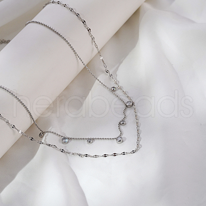 Light Luxury Stainless Steel Pave Clear Cubic Zirconia Flat Round Tassel Double Layer Necklaces for Women Daily Wear HJ1929-1-1