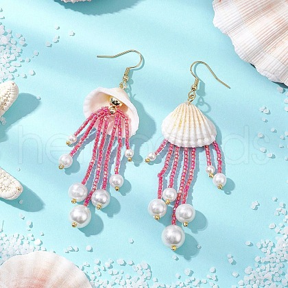 Glass & Natural Shell & Non-magnetic Synthetic Hematite Dangle Earrings EJEW-MZ00383-02-1