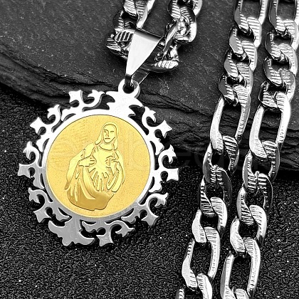 Flat Round with Virgin Pattern 304 Stainless Steel Pendant Necklaces for Men Women NJEW-K283-20G-1
