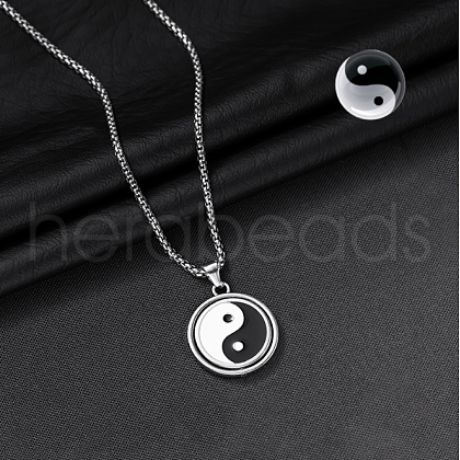 Rotatable Alloy White & Black Enamel Pendant 316 Surgical Stainless Steel Chain Necklaces for Men FS-WG50373-07-1