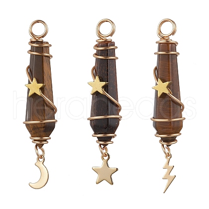 3Pcs 3 Styles Natural Tiger Eye Pointed Copper Wire Wrapped Faceted Bullet Big Pendants PALLOY-JF03573-03-1
