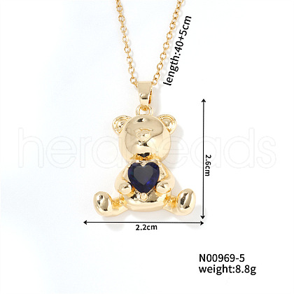 Cute Bear Heart Brass Capri Blue Rhinestone Pendant Necklaces for Women BF5088-5-1