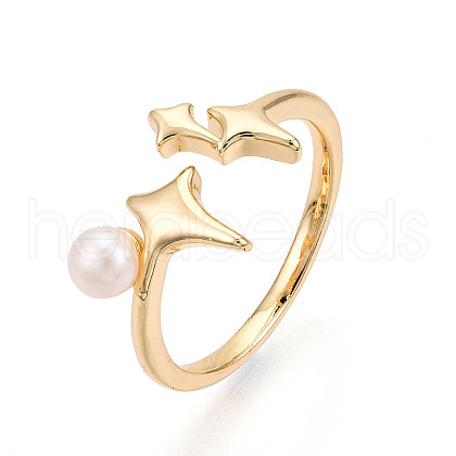 Brass & Natural Pearls Adjustable Open Cuff Rings for Women PEAR-N020-07I-1