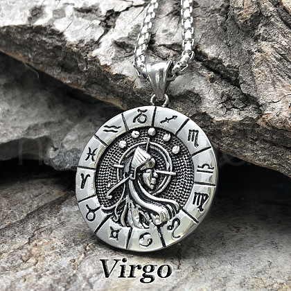 Flat Round with Engraved Twelve Constellation Alloy Pendant Necklace for Women Men WG25F4B-05-1