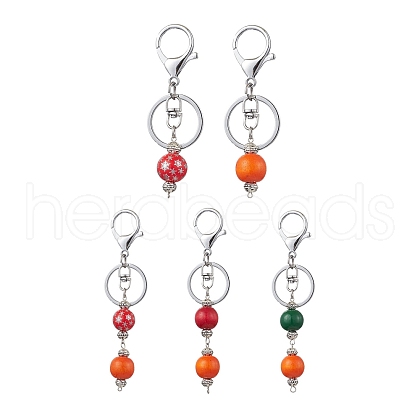 Dyed Natural Wood Round Beaded Keychain KEYC-JKC00930-1