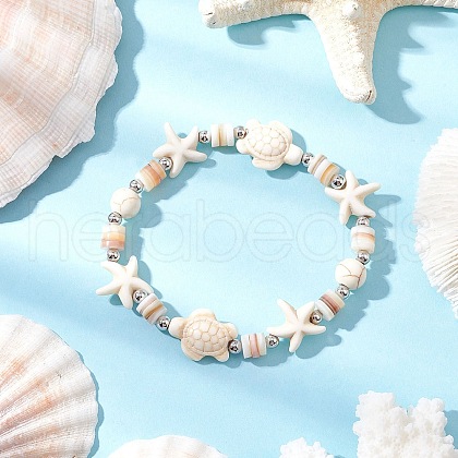Starfish & Turtle Natural Freshwater Shell Beads Stretch Bracelets for Women BJEW-JB11922-02-1
