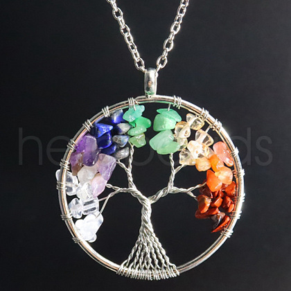 Natural Stone Chip Tree Of Life Chakra Pendant Necklaces FS-WG982AE-02-1
