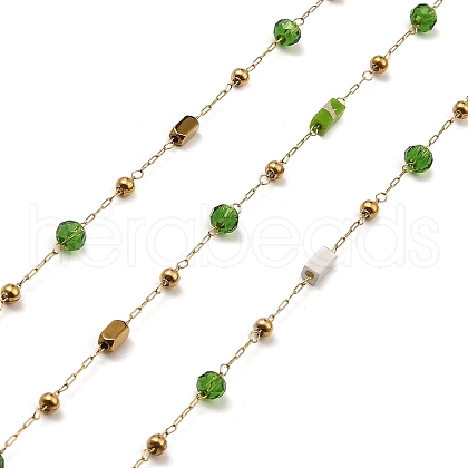 Cuboid Natural Mixed Gemstone & Glass Rondelle Beaded Link Chains CHS-G028-18G-02-1