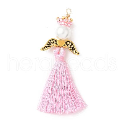 Glass Pearl Round Beaded with Polycotton Tassel Big Pendants PALLOY-MZ00611-03-1