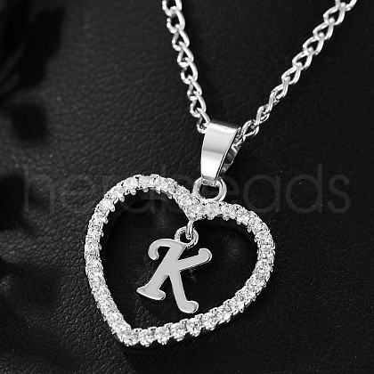 Brass Micro Pave Clear Cubic Zirconia Hollow Heart with Initial Pendant Necklaces WG4069A-16-1