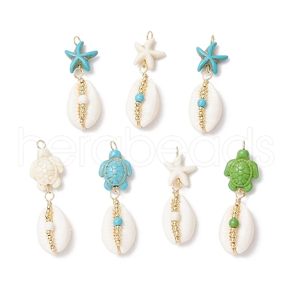 7Pcs 7 Styles Natural Cowrie Shell & Starfish Turtle Dyed Synthetic Turquoise Pendants PALLOY-JF03935-02-1