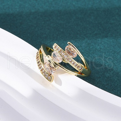 Brass Clear Cubic Zirconia 3-Line Cuff Rings for Women RJEW-U047-33G-1