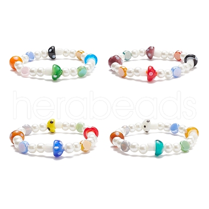 Lampwork Mushroom & Glass Pearl Beaded Stretch Bracelet for Kids BJEW-JB08390-1