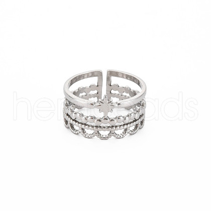 Non-Tarnish 304 Stainless Steel Star Open Cuff Ring for Women RJEW-S405-151P-1