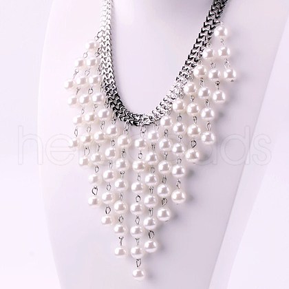 Alloy & Plastic Imitation Pearl Round Beaded Tassel Bib Necklaces for Women FS-WG430C8-02-1