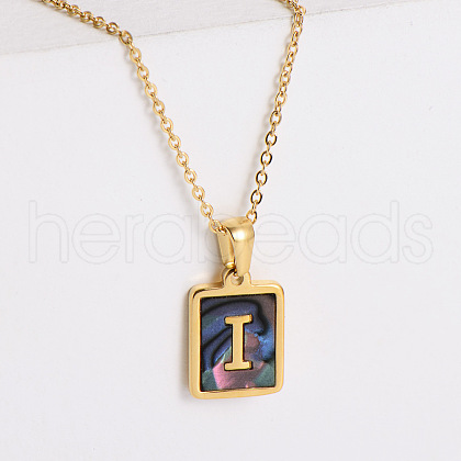 304 Stainless Steel Pave Natural Paua Shell Rectangle Initial Pendant Necklaces for Women FS-WG38E89-09-1