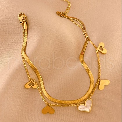 Heart Tassel 304 Stainless Steel Pave Natural White Shell Double Layer Anklets for Women FS-WGA1EFA-01-1