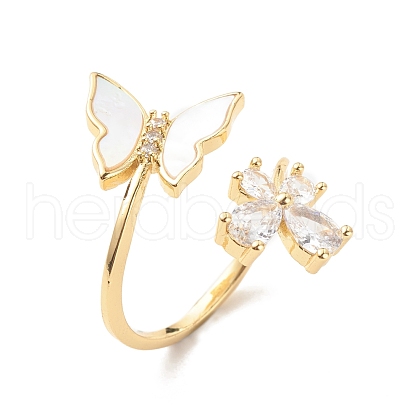 Clear Cubic Zirconia Butterfly Open Cuff Ring with Shell RJEW-P204-01G-1