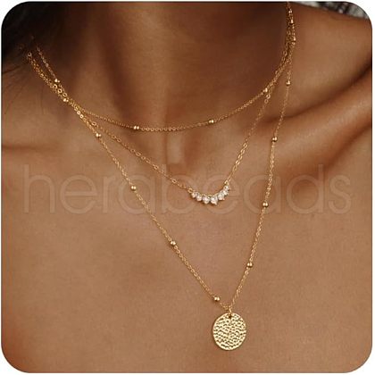 3Pcs Brass Disc Pendant 3 Layer Necklaces for Women FS-WG7502D-02-1