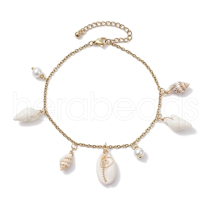 Glass Pearl and Spiral Shell Anklets AJEW-AN00578-1
