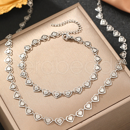 201 Stainless Steel Heart Link Bracelets & Chain Necklaces Sets FS-WGFB2A7-02-1