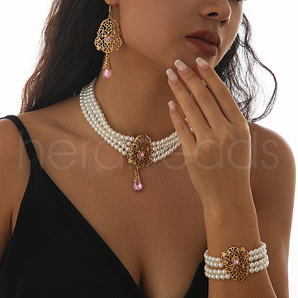 Teardrop Alloy & Glass Rhinestone Pendant Necklace & Stud Dangle Earring & Bracelet FS-WG89F11-07-1