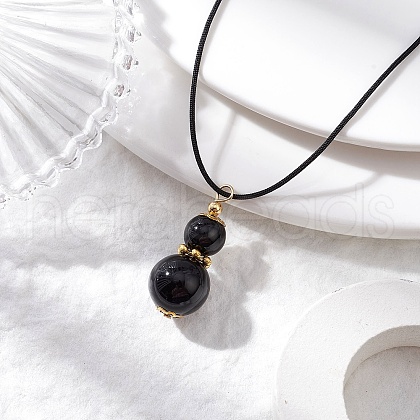 Natural Black Onyx(Dyed & Heated) Gourd Pendant Necklaces NJEW-JN05246-01-1