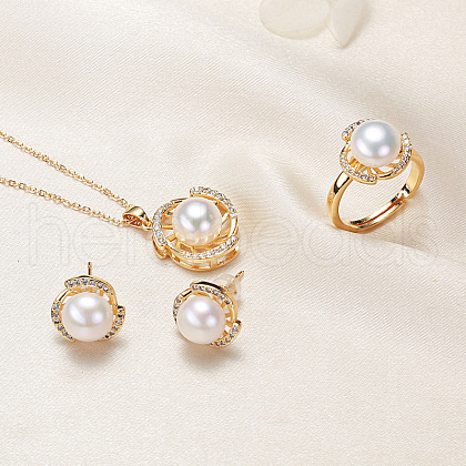Mother's Day Jewellery Brass Micro Pave Clear Cubic Zirconia Pendant Necklaces & Stud Earrings & Rings Sets WG2C5C9-04-1