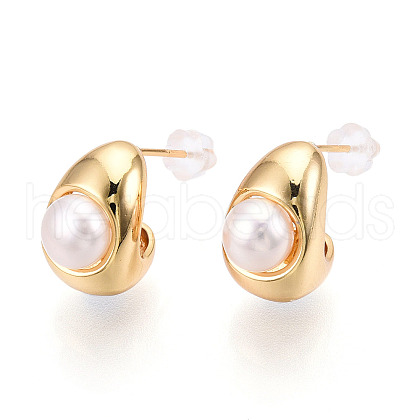 Teardrop Brass Natural Pearl Stud Earrings PEAR-N020-05Z-1