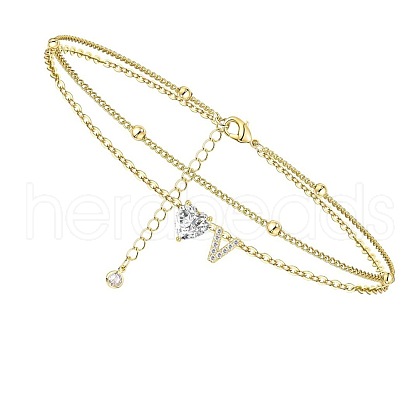 Heart & Letter Brass Crystal Rhinestone Charm Double Layer Anklets FS-WG6749C-22-1