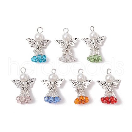 Glass Beads with ABS Plastic Imitation Pearl Round Beads and 304 Stainless Steel Eye Pin and Tibetan Style Alloy Beads Pendants PALLOY-JF03625-1