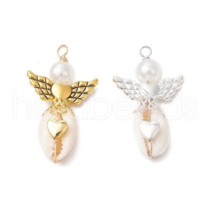 2Pcs 2 Colors Natural Cowrie Shell Copper Wire Wrapped Angel Pendants PALLOY-JF03662-02-1