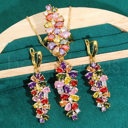 Leaf Brass with Cubic Zirconia Pendant Necklace & Hoop Earring & Ring FS-WGD46EA-03-1